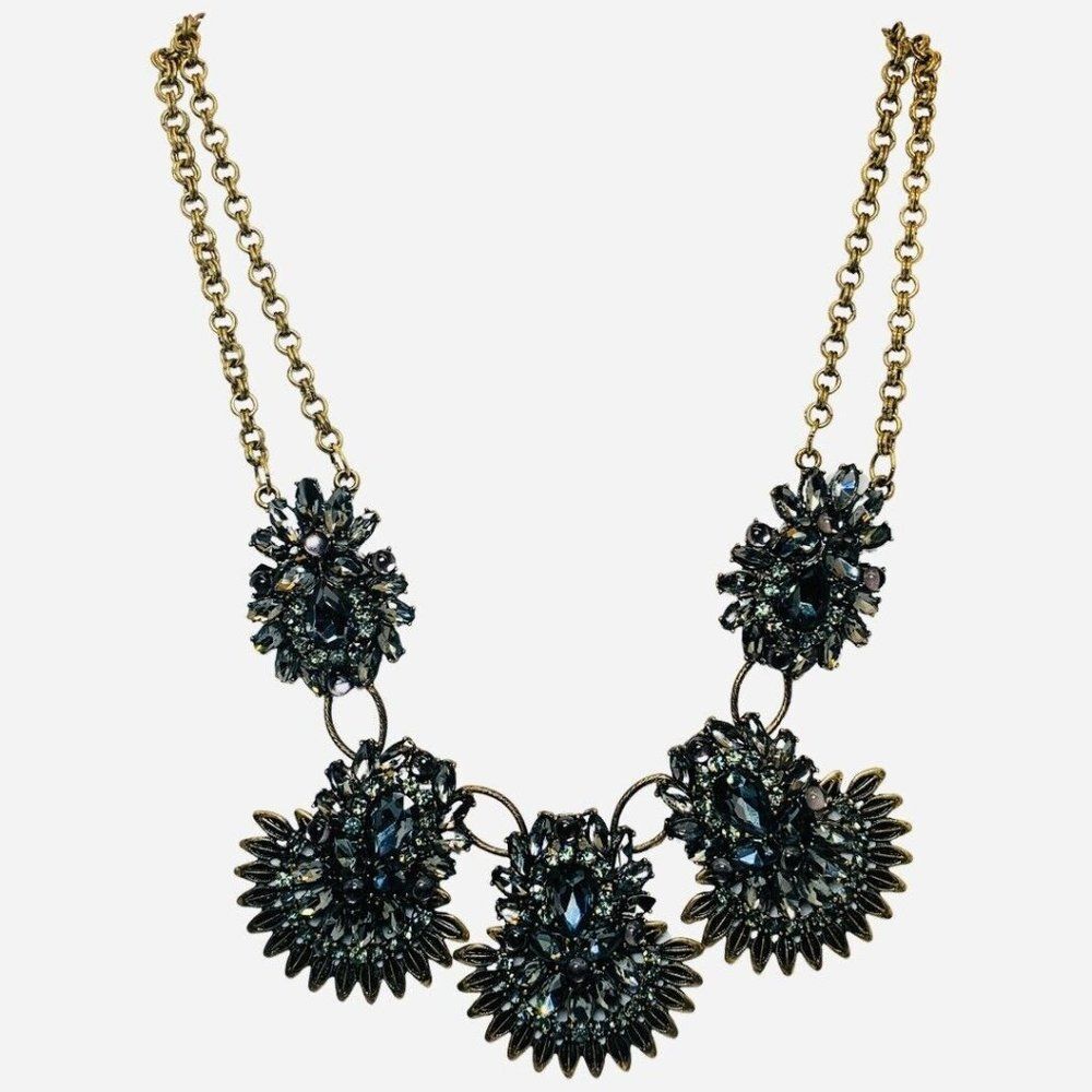 Vintage Women’s 2 Tier Gray Rhinestone Flower Brass Tone Statement Necklace 22”
